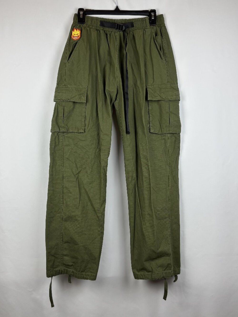 Men Medium Green Cargo Pant Pocket Tie Sleeve Belt Stretch Waist Cotton Spitfire